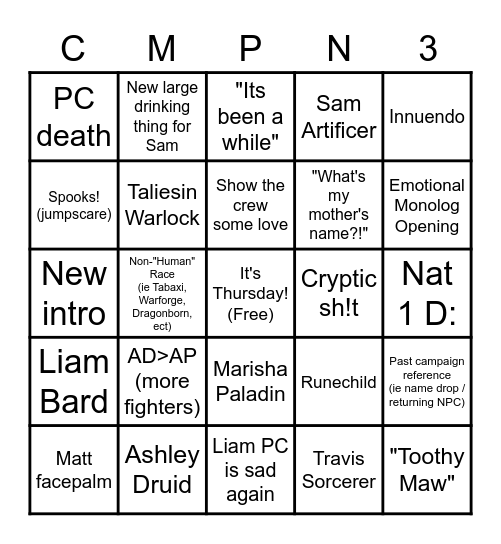 Critical Role Campaign 3!!! Bingo Card