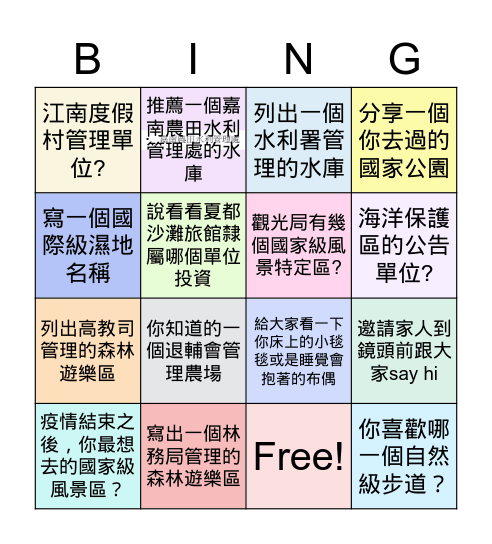 休一B 觀光學 Oct. 22, 2021 Bingo Card