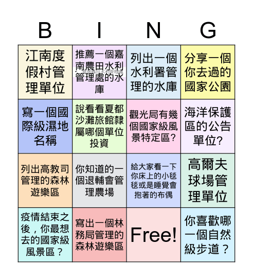 休一B 觀光學 Oct. 22, 2021 Bingo Card