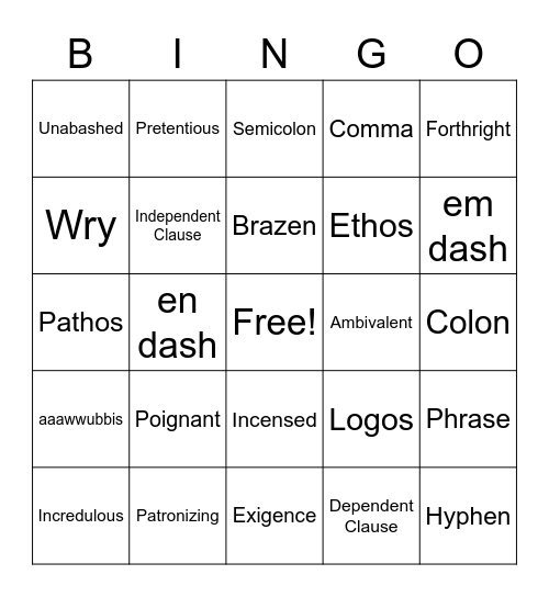 Tone List 1 Bingo Card