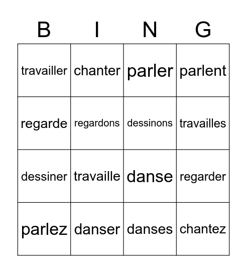 French -er verbs Bingo Card