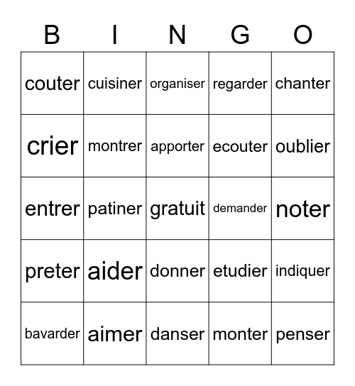 ER verbs Bingo Card
