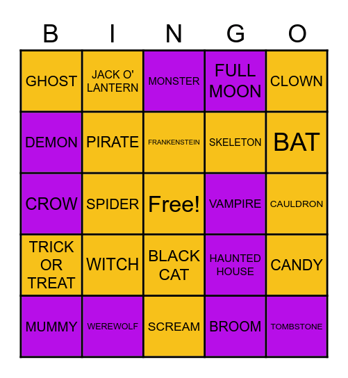 Halloween Creatures Bingo Card