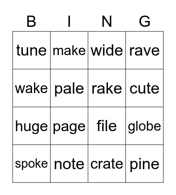 CVCe Words Bingo Card