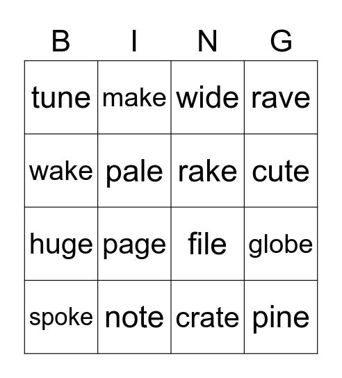 CVCe Words Bingo Card