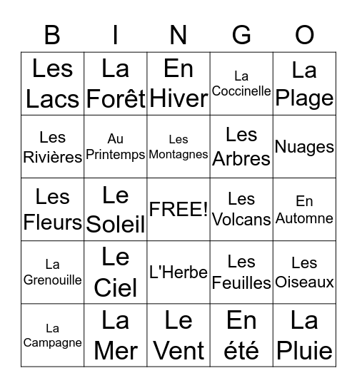 La Nature  Bingo Card