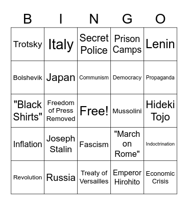 HSC Rise of Dictators Bingo Card