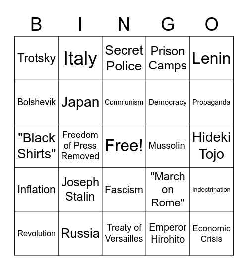 HSC Rise of Dictators Bingo Card