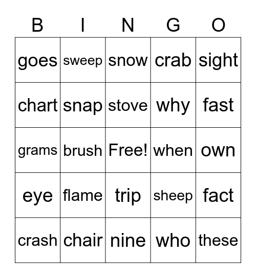 Spelling Words Bingo Card