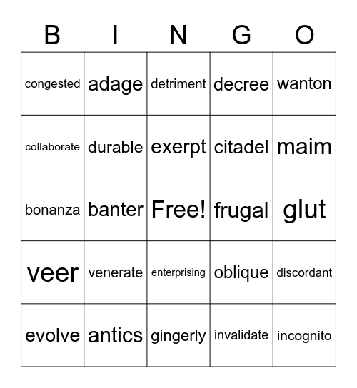 Unit 2 Vocabulary Bingo Card