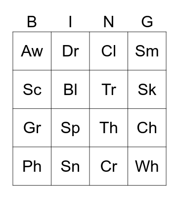 Digraphs Bingo Card