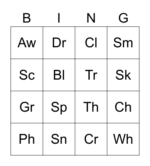 Digraphs Bingo Card
