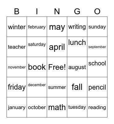 orange group bingo days/months/seasons Bingo Card