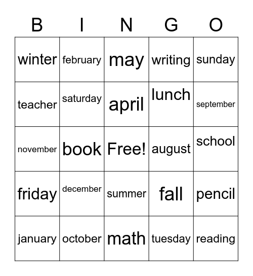 orange group bingo days/months/seasons Bingo Card