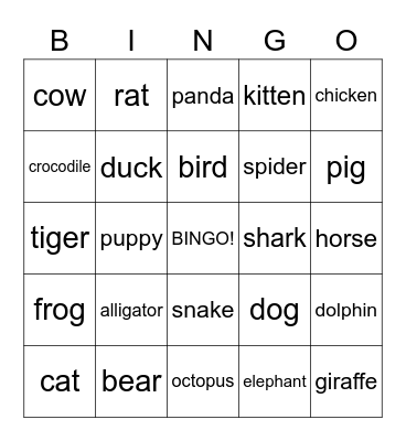 Animals Bingo Card