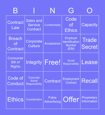 Chapter 3 - Business Law and Ethics Bingo Card