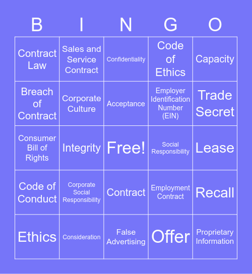 Chapter 3 - Business Law and Ethics Bingo Card