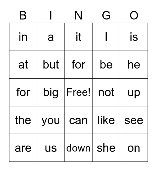 Sight Words Bingo Card