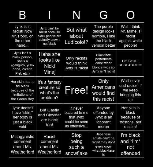 Welp, we're talking about Jynx again! Bingo Card