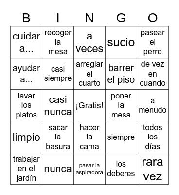 Los deberes y la frecuencia Bingo Card
