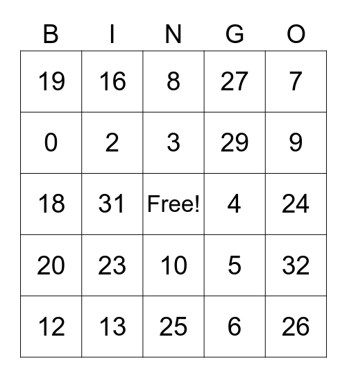 los números 1-30 Bingo Card