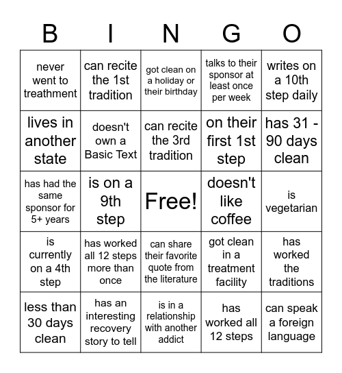 Recovery Bingo!!! Bingo Card