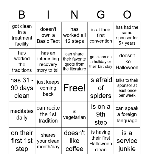 Recovery Bingo!!! Bingo Card