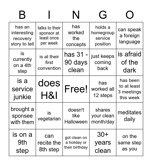 Recovery Bingo!!! Bingo Card