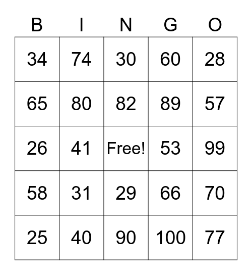 Die Zahlen 25 bis 100 Bingo Card