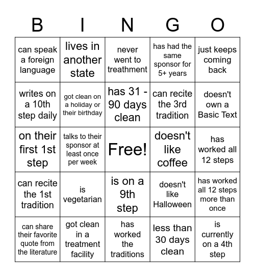 Recovery Bingo!!! Bingo Card