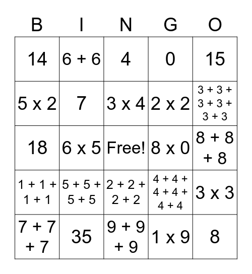 Multiplication and Division Bingo Card