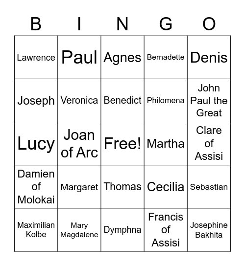 SAINT Bingo Card