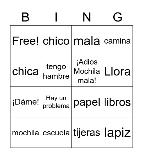 Mochila Mala Bingo Card