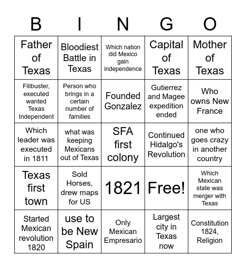 Unit 4 Mexican National  Colonization Bingo Card