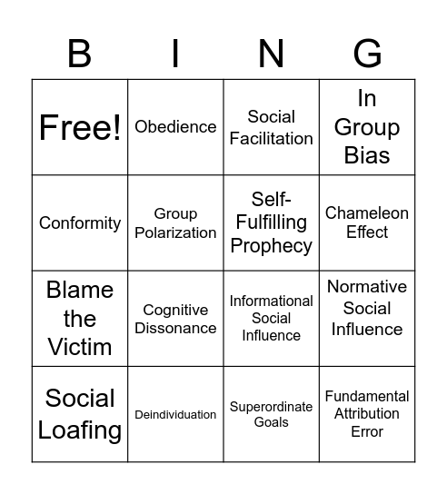 Pep Rally Madness! Social Psych Edition Bingo Card