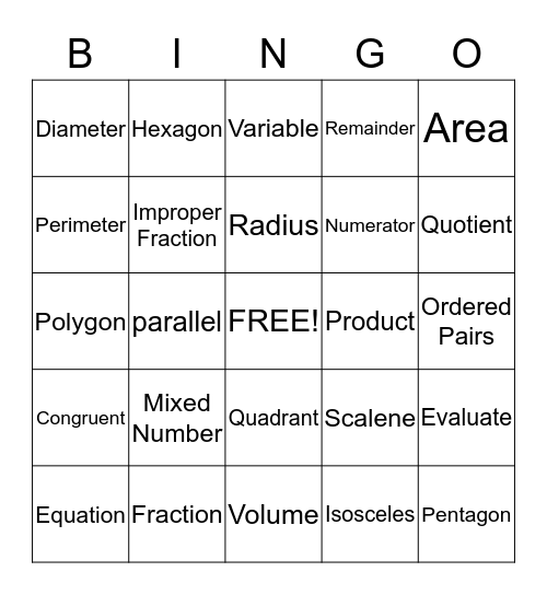 Math Vocabulary Bingo Card