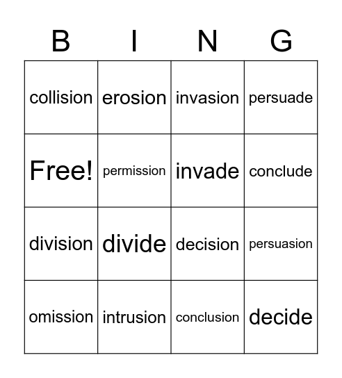 -sion, -ssion Bingo Card