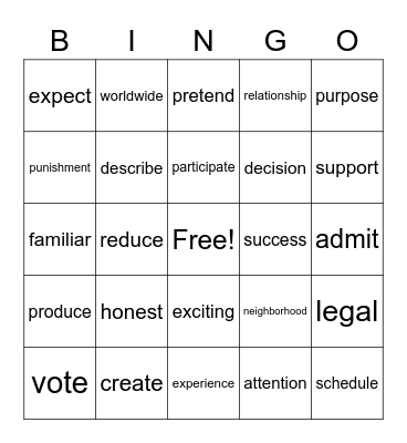 English 101 Bingo Card