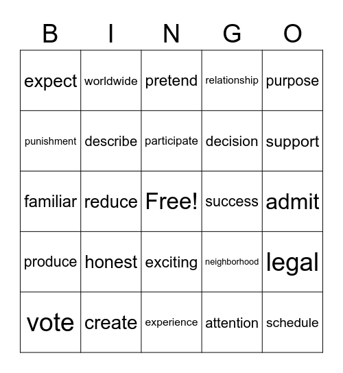 English 101 Bingo Card