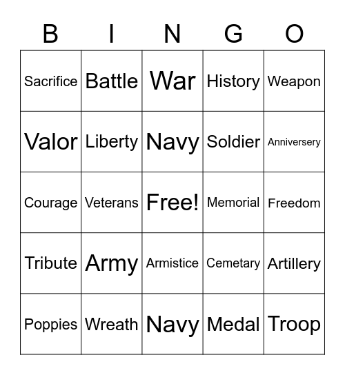 Veterans Day Bingo Card