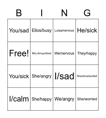 Emotions Mrs. Arroyo Bingo Card
