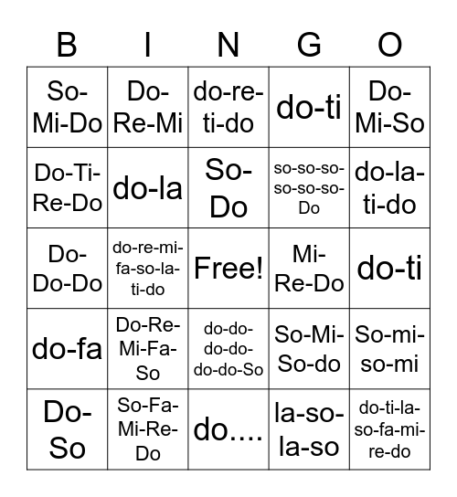 Solfege Intervals Bingo Card