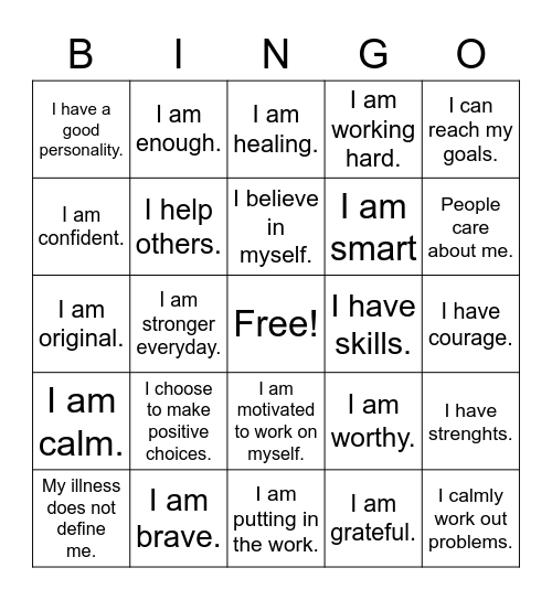 Positive Affirmations Bingo Card