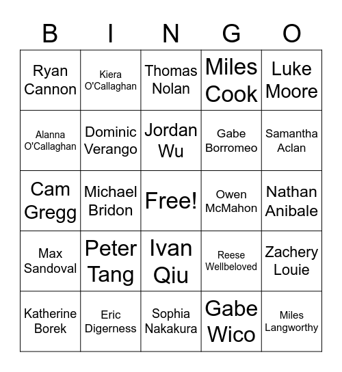 SHX XC Name Bingo Card