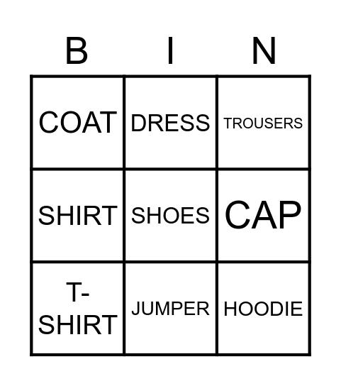 CLOTHES Bingo Card