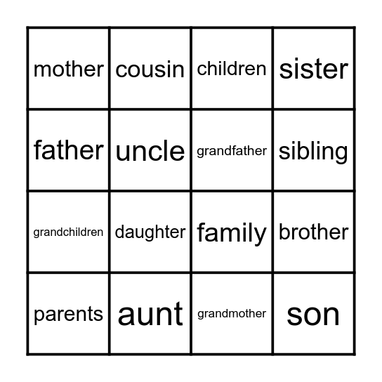 Family members Bingo Card