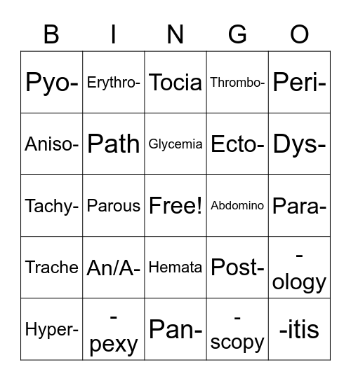 Medical Term Bingo Card