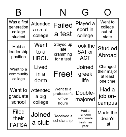 Virginia College Application Week Bingo Card