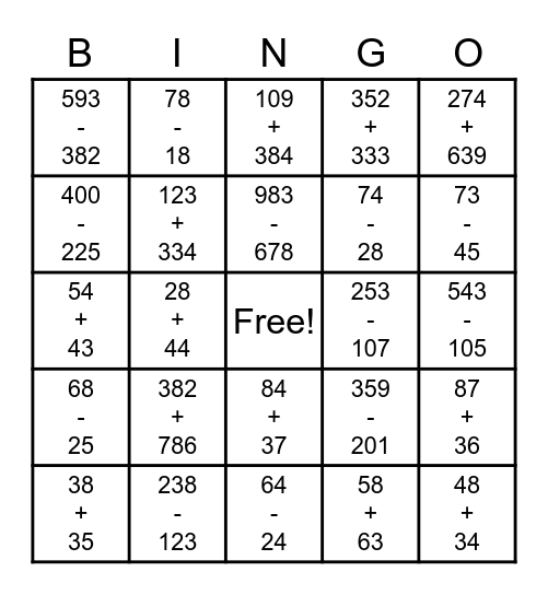 2 and 3 Digit Addition & Subtraction Bingo Card
