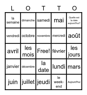 French months & days Bingo Card